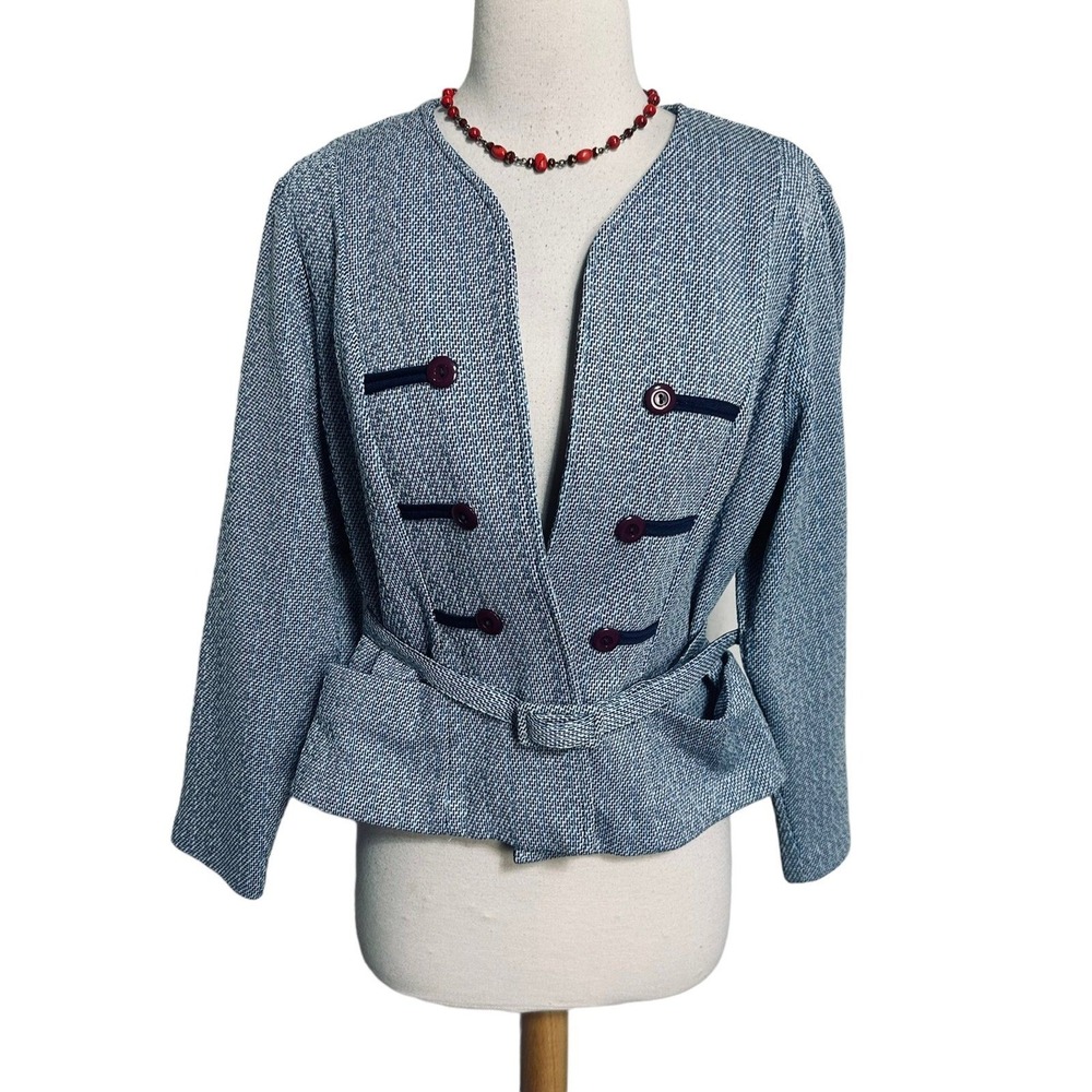 Vintage 1970's blue tweed print belted blazer size L/XL Textured Jacket Y2K Rare